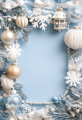 Blue and white Christmas photo frame with lanterns, ribbons, pearls, gold balls, snowflakes, and pine branches, elegant festive border on a soft blue background, large blank central area, high-resolut