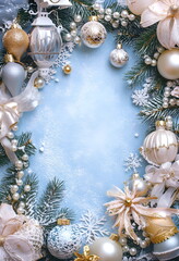 Blue and white Christmas photo frame with lanterns, ribbons, pearls, gold balls, snowflakes, and pine branches, elegant festive border on a soft blue background, large blank central area, high-resolut