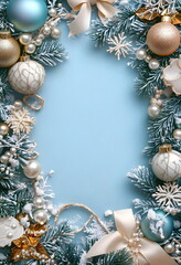 Blue and white Christmas photo frame with lanterns, ribbons, pearls, gold balls, snowflakes, and pine branches, elegant festive border on a soft blue background, large blank central area, high-resolut