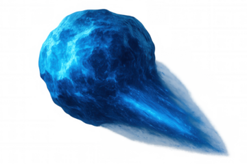 Blue energy fireball with glowing tail shooting through space, plasma comet fragment with power streak