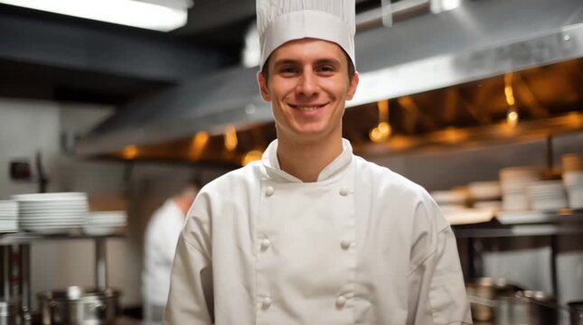 Professional chef smiling in a restaurant kitchen.