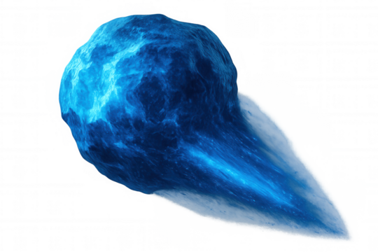 Blue energy fireball with glowing tail shooting through space, plasma comet fragment with power streak