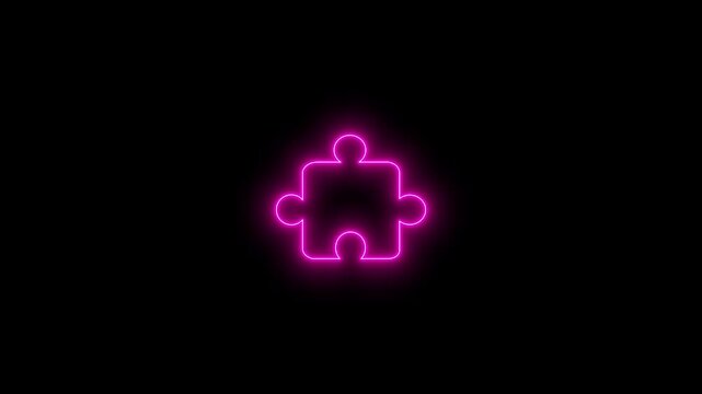 Neon glowing pink color puzzle icon 4k video animation. Neon Game icon Full HD animation. Puzzle solve icon animation on black background.