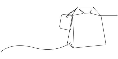 One continuous line drawing of paper tea bag, Hot herbal drink for morning routine and breakfast in simple linear style, Editable stroke, Discount tag icon line continuous drawing vector.
