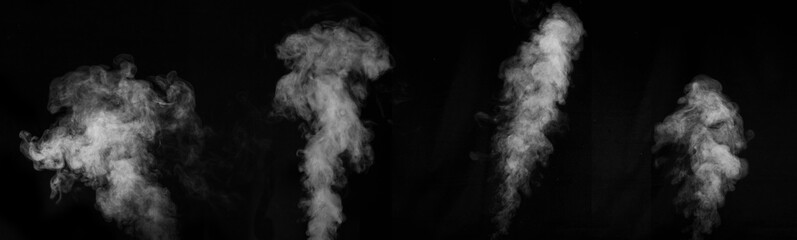 A set of 4 different steam, smoke, gas isolated on a black background. Swirling, writhing smoke to...