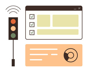 Minimal traffic light with wireless signal, browser window displaying checklist, pie chart with text panel. Ideal for productivity, task management, monitoring, organization, efficiency, analytics