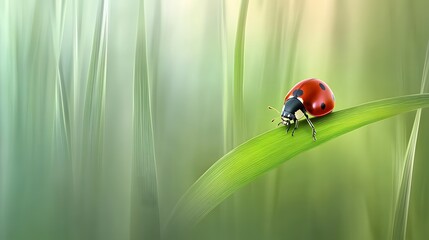 Fototapeta premium Ladybug on a Green Blade of Grass in a Meadow Scene