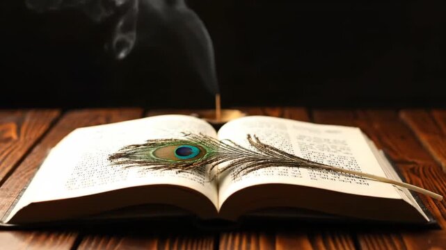 Sacred Bhagavad Gita with Peacock Feather and Incense Smoke on Wooden Table for Geeta Jayanti Celebrations