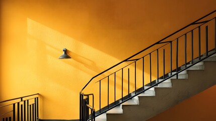 Interior design showcases a vibrant yellow wall contrasted with black metal railings and a concrete staircase, illuminated by natural light casting long shadows, depicting an architectural detail...