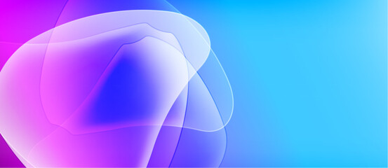 Abstract gradients blend purple, blue hues. Soft shapes overlap creating luminous effect. Modern digital background.