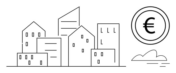 Stylized cityscape featuring modern buildings next to a Euro coin and cloud. Ideal for real estate, urban planning, finance, economy, sustainability, investment, infrastructure themes. Simple flat