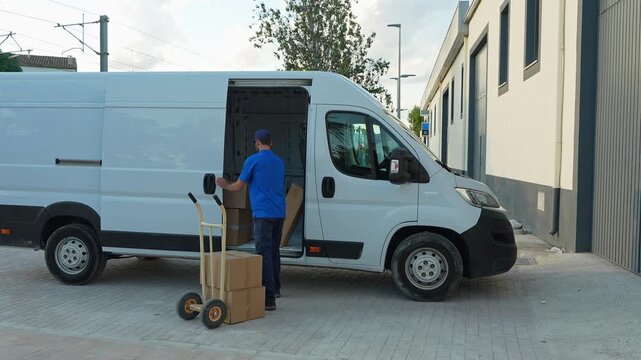 Courier unloading cardboard box from delivery van