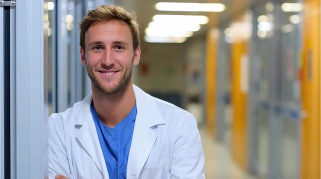 Smiling doctor in a hospital hallway.