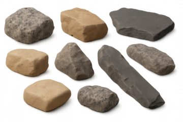 Natural rock and stone collection displaying various shapes, colors, and textures on a transparent background