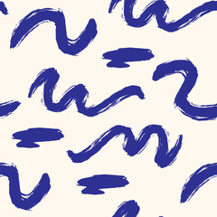 Blue brush curly lines seamless pattern. Ink squiggles ornament. Hand drawn curved and wavy lines with grunge circles. Chaotic pencil brush scribbles decorative texture. Vector background