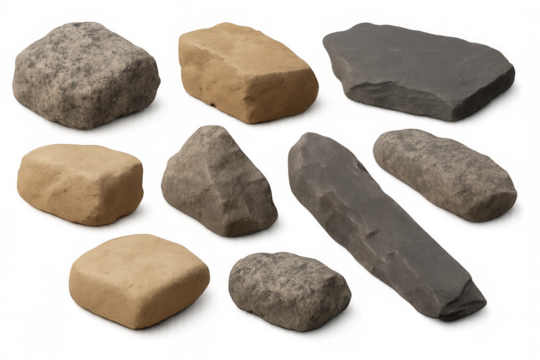 Natural rock and stone collection displaying various shapes, colors, and textures on a transparent background