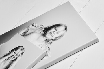Black and white canvas prints of a joyful child, stretched on wooden stretcher bars with gallery...