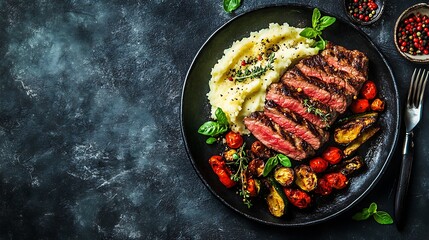 Delicious grilled beef steak served with mashed potatoes and roasted vegetables on a black plate, a culinary masterpiece for dinner