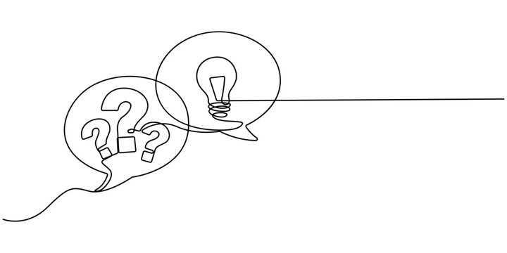 Quick tips, Continuous one line drawing of question mark and speech bubble, Quick tips concept in one line, Hand-drawn vector with light bulb, question mark, and speech bubbles,.