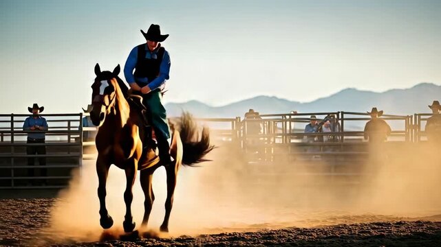 Pickup men ready in arena while riders stage the next bull riding draw Video 4K UHD 60fps