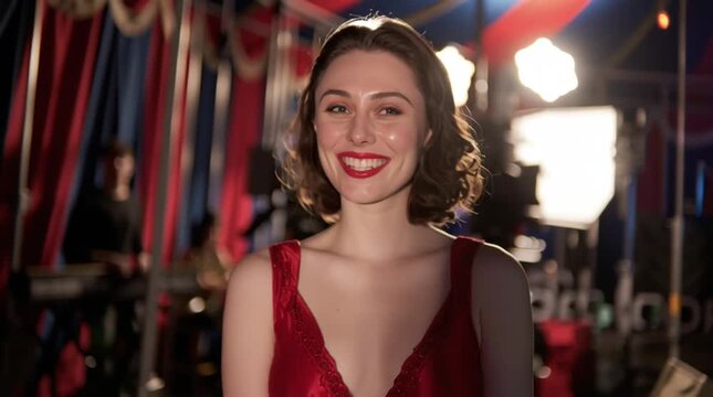 Smiling woman in vibrant circus setting.