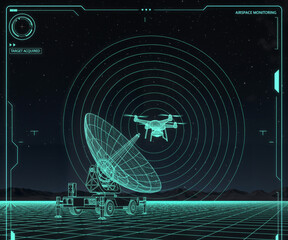wireframe radar dish tracks a target drone (UAV) in the airspace on a digital monitoring interface with concentric signal rings