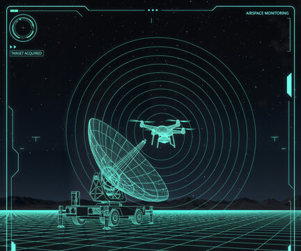 wireframe radar dish tracks a target drone (UAV) in the airspace on a digital monitoring interface with concentric signal rings