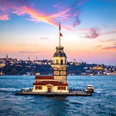 Fototapeta premium Tower in water against city skyline and sunset