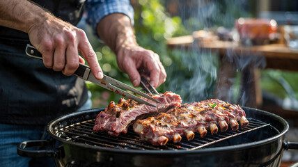 Naklejka premium Man cuts into ribs to check doneness on the grill