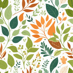 Seamless pattern of leaves and branches in various shades of green and orange on a white background.