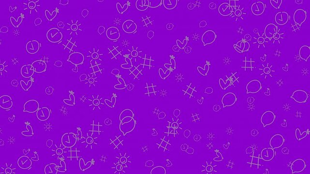 White drawings of hearts, clocks, suns, and hashtags float in a purple field. Suitable for social media graphics or prints.