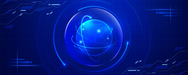 Globe inside glowing sphere on a blue futuristic technology background