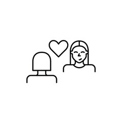 2 women in conversation and heart. Compassionate dialogue, supportive conversation. Date, psychotherapy or job interview. Pixel perfect, editable stroke vector icon