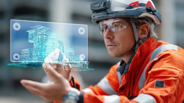 Building the Future: A construction worker, clad in safety gear, studies a holographic projection of a building, symbolizing technological advancement and innovation in architecture and engineering.