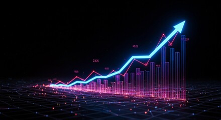 A futuristic stock market graph rising upward, glowing neon lines and light effects, abstract dark dimensional background with pattern grid, high-tech visualization, bright illumination, 4K ultra 