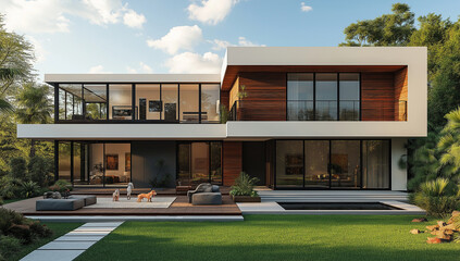 Exterior view of a modern two story house with pool and dogs in the backyard on a sunny day