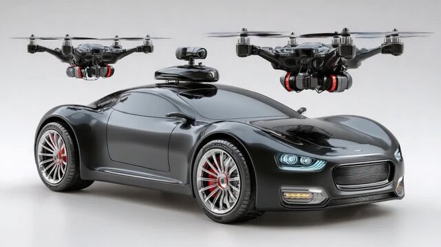 Drone-Integrated Vehicle Concept: A sleek, futuristic car is complemented by innovative drone technology, symbolizing the evolution of transport in the modern age.