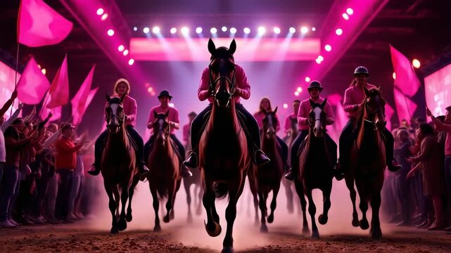 Spotlit riders and pickup team file in parade line building suspense for bull riding Video 4K UHD 60fps