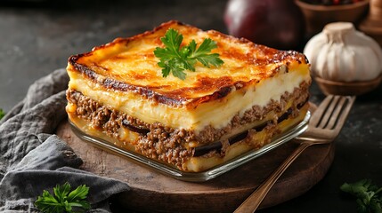 Traditional greek moussaka served on a glass plate, garnished with parsley and ready to be enjoyed for lunch or dinner with family