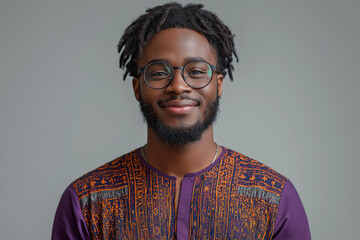 Portrait of a smiling man with dreadlocks wearing glasses and a patterned purple shirt on a gray background