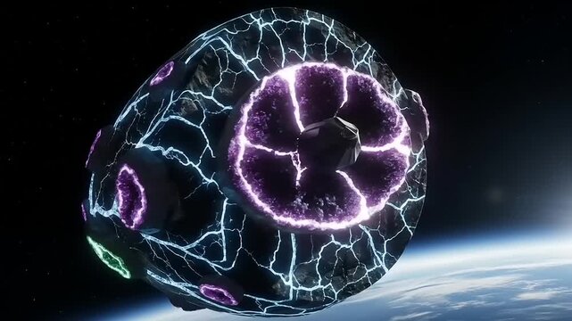 Mysterious Space Object with Glowing Cracks Orbiting Earth.