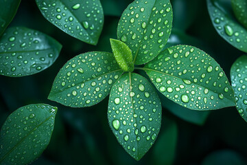 Close up of green leaves covered in water droplets after a rain shower in a garden setting