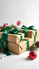 Christmas Gifts Wrapped in Brown Paper with Green Ribbons and Festive Decorations.