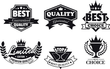 Set of black quality sign stickers, with laurel leaves, ribbons, crown, cup, stars.