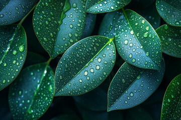 Close up of vibrant green leaves covered in water droplets after a refreshing rain shower outdoors