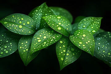 Close up of vibrant green leaves covered in water droplets against a dark blurred background