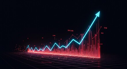A futuristic stock market graph rising upward, glowing neon lines and light effects, abstract dark dimensional background with pattern grid, high-tech visualization, bright illumination, 4K ultra 