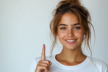 A smiling woman with brown hair in a messy bun pointing upwards against a white background wall space