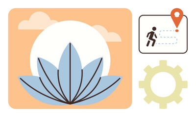 Blue lotus in sunlight, dotted path with route marker, and yellow gear. Ideal for wellness, personal growth, goal setting, mindfulness, productivity navigation and solutions. Simple flat metaphor