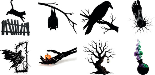 Obraz premium Vector art of set of halloween graphics featuring a jumping cat, bat, crow, and spooky tree